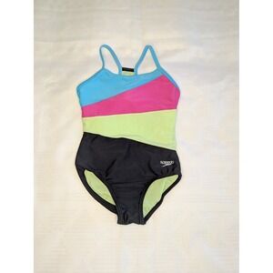 Speedo Girls Youth UPF 50+ Black‎ Color Block Swimsuit